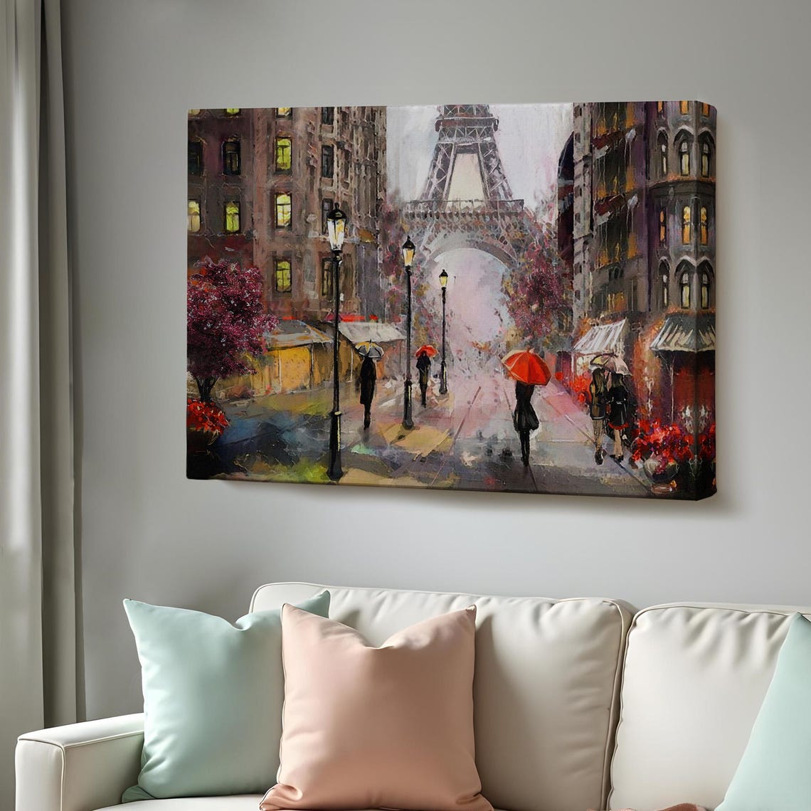 Paris Eiffel Tower Rainy Street Red Umbrellas Romantic City Poster
