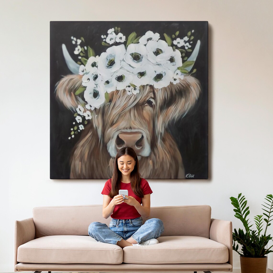 Highland Cow White Flower Crown Dark Background Farm Art Poster - Image 3
