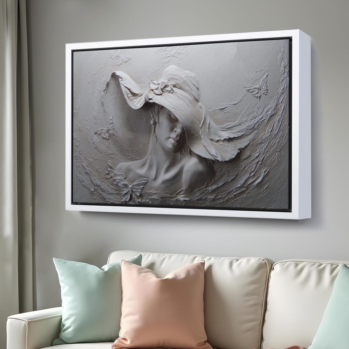 3D Embossed Woman in Wide Brim Hat Silver Relief Wall Art Poster - Image 3