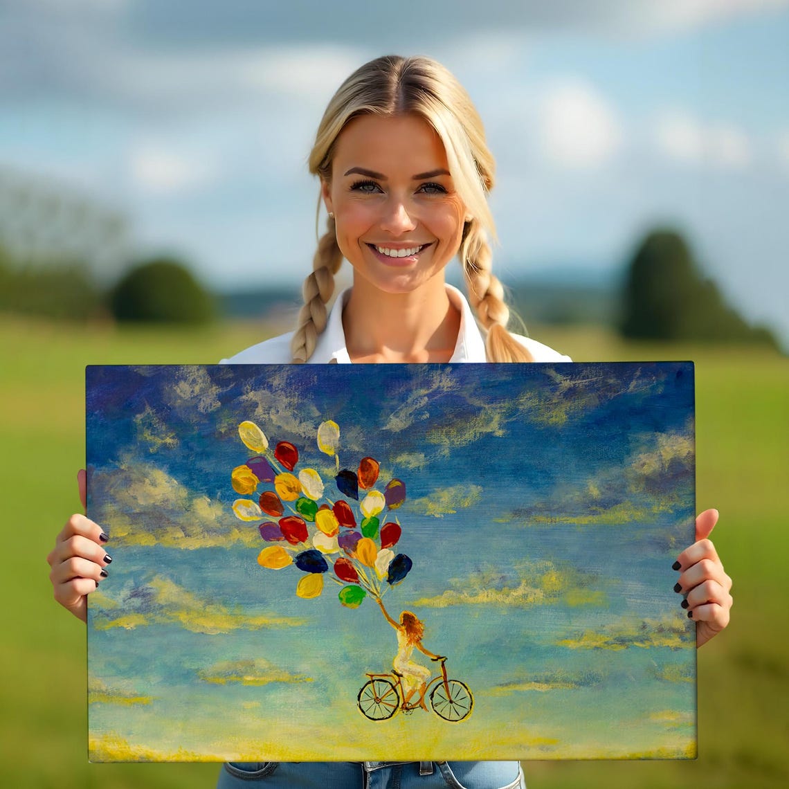 Girl On Bicycle Flying Colorful Balloons Dreamy Sky Art Poster - Image 5