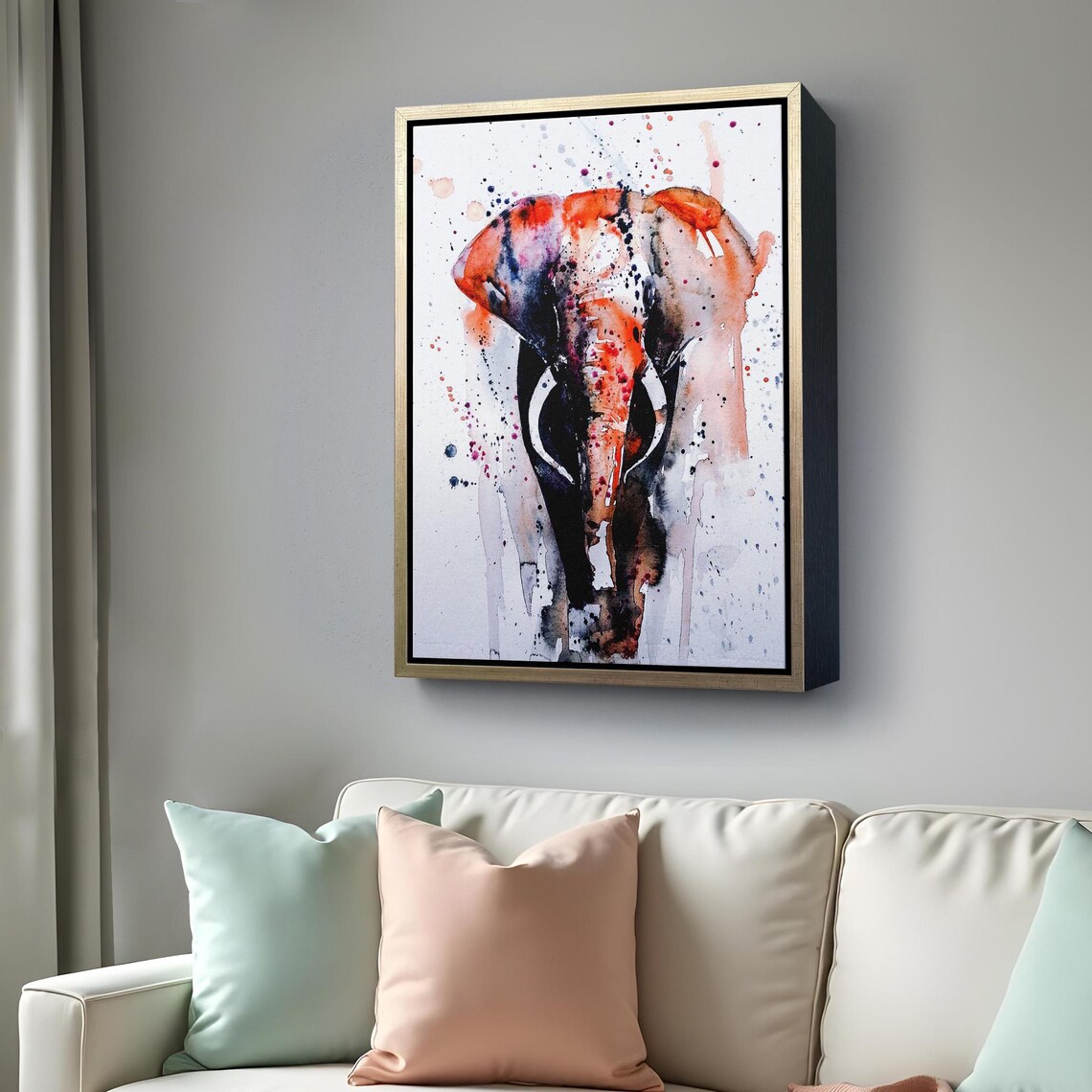 Elephant Head Watercolor Orange Black Splash Modern Abstract Animal Wall Art Print - Image 4
