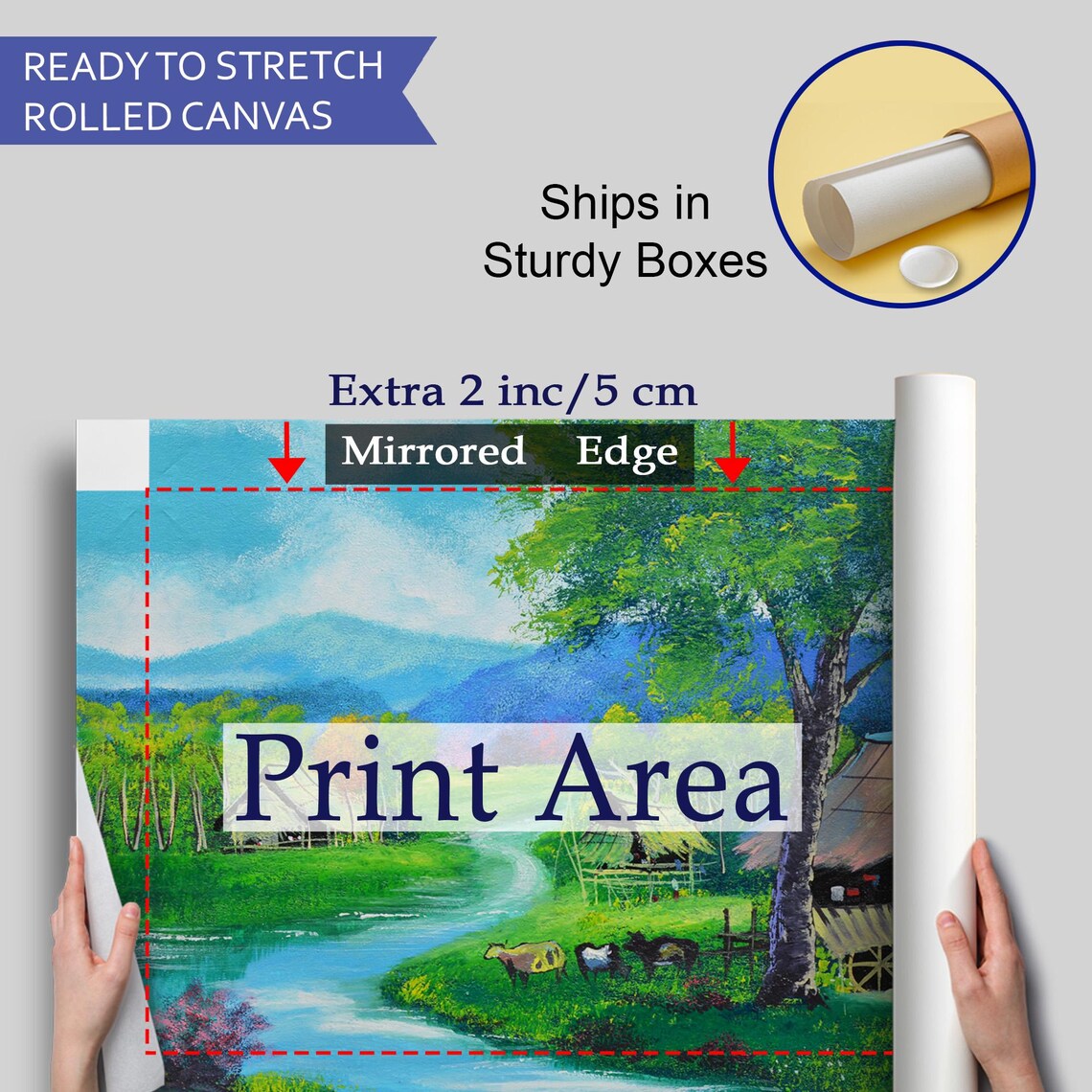 Tropical Village River Huts Mountains Cows Pasture Landscape Poster - Image 4