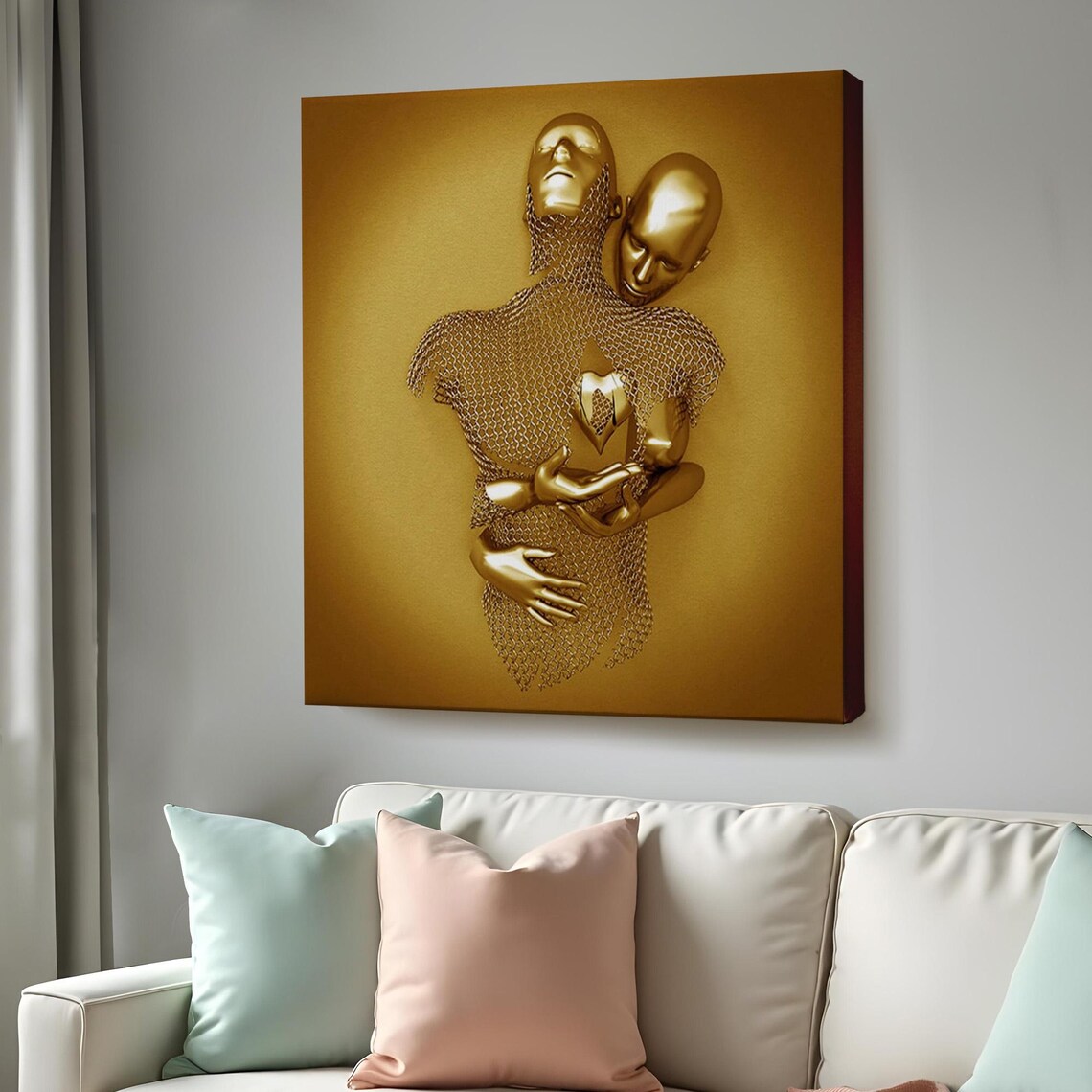 Golden Couple Embrace 3D Love Heart Surreal Romance Art Poster