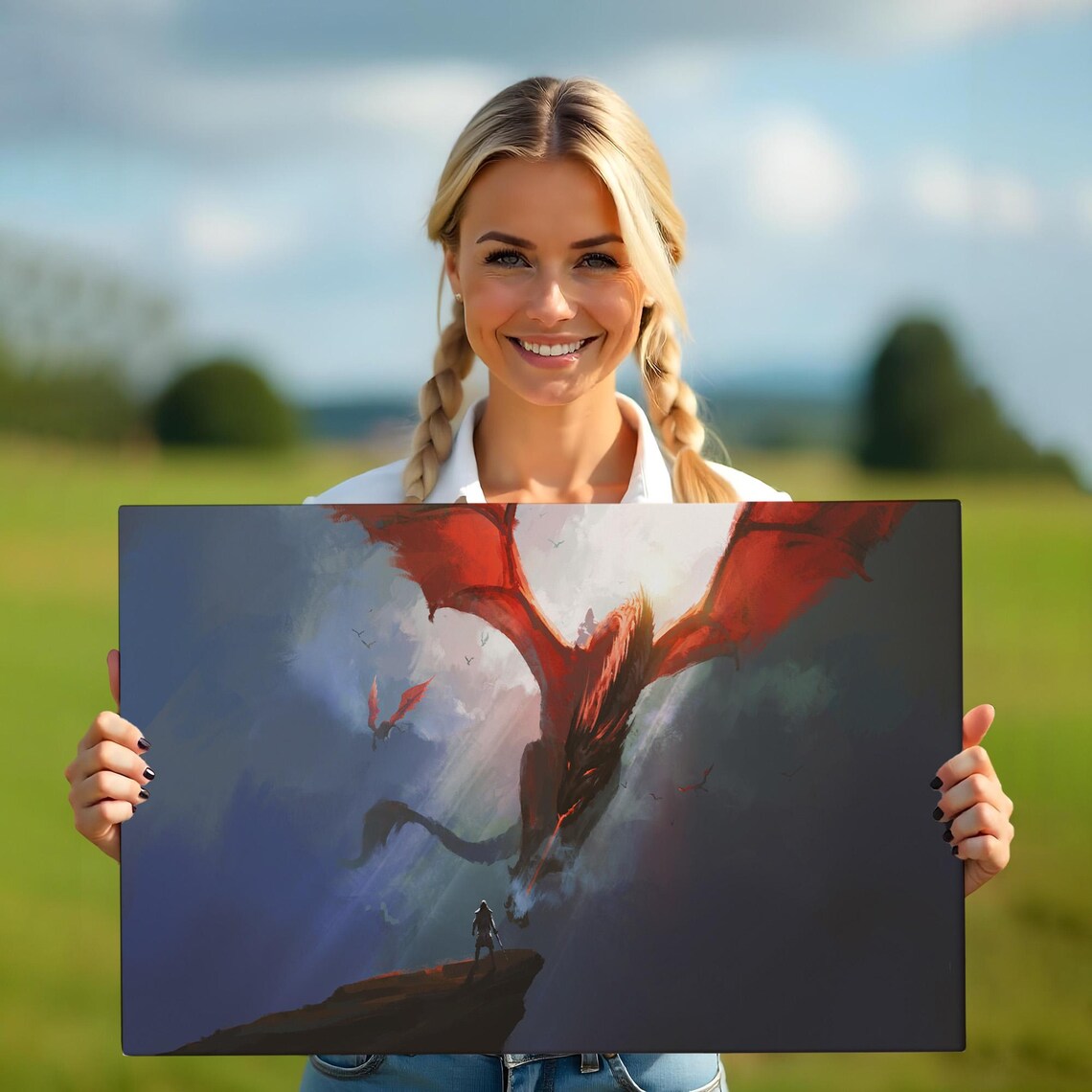 Red Dragon Soaring Above Warrior Cliff Epic Fantasy Sky Canvas Wall Art - Image 5