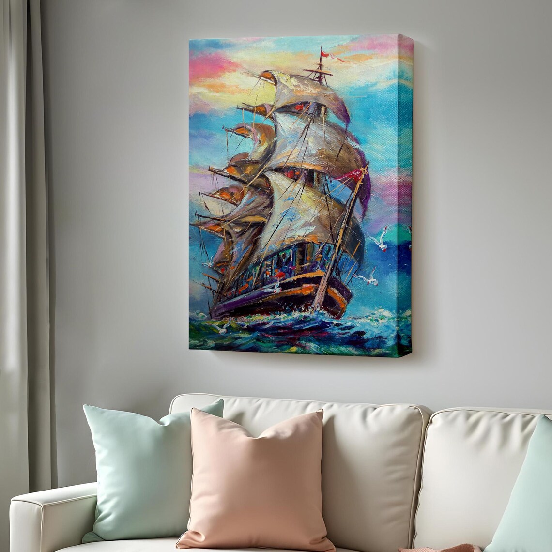 Majestic Tall Ship Full Sails Ocean Voyage Vintage Nautical Wall Art