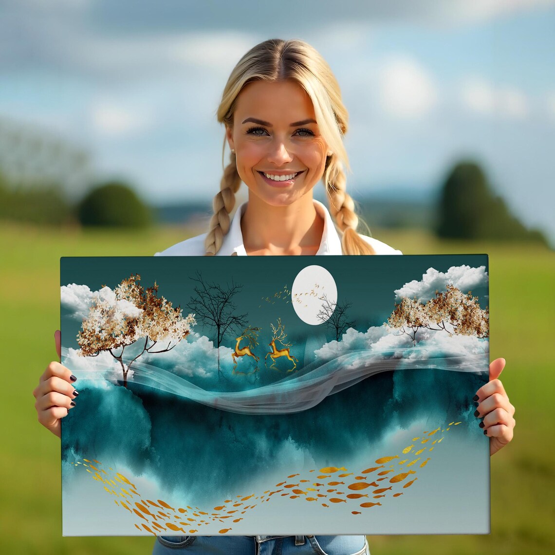 Golden Deer Running Clouds Moonlit Teal Night Surreal Dreamlike Wall Art Poster - Image 5