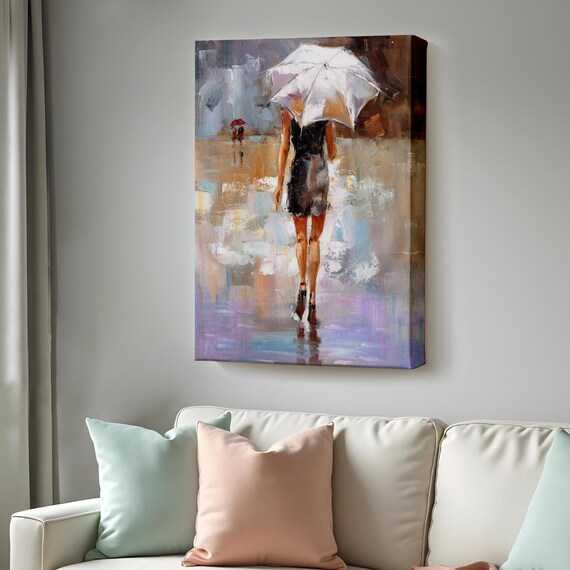 Woman With White Umbrella Walking In Rain Romantic City Oil Painting Wall Poster