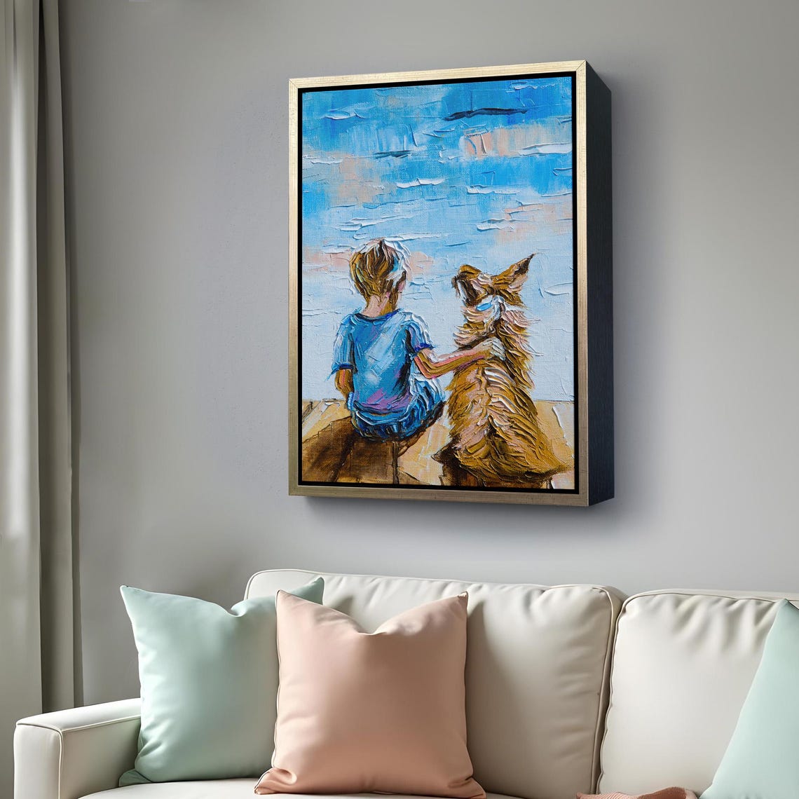 Boy And Dog Sitting By The Lake Oil Painting Friendship Wall Art - Image 4