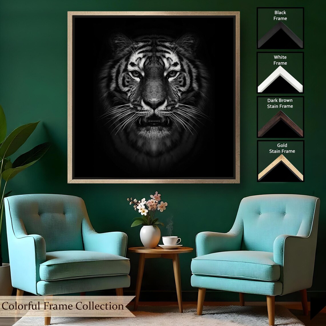 Dramatic Black And White Tiger Face Portrait Dark Background Wildlife Wall Poster - Image 2