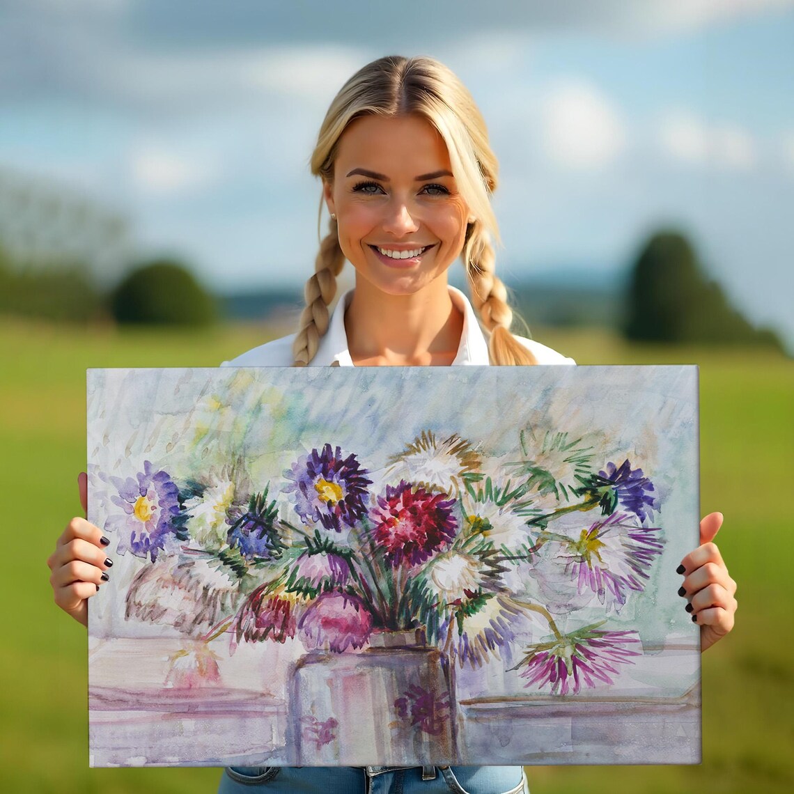 Purple Aster Bouquet Watercolor Flowers Vase Still Life Art Print - Image 5