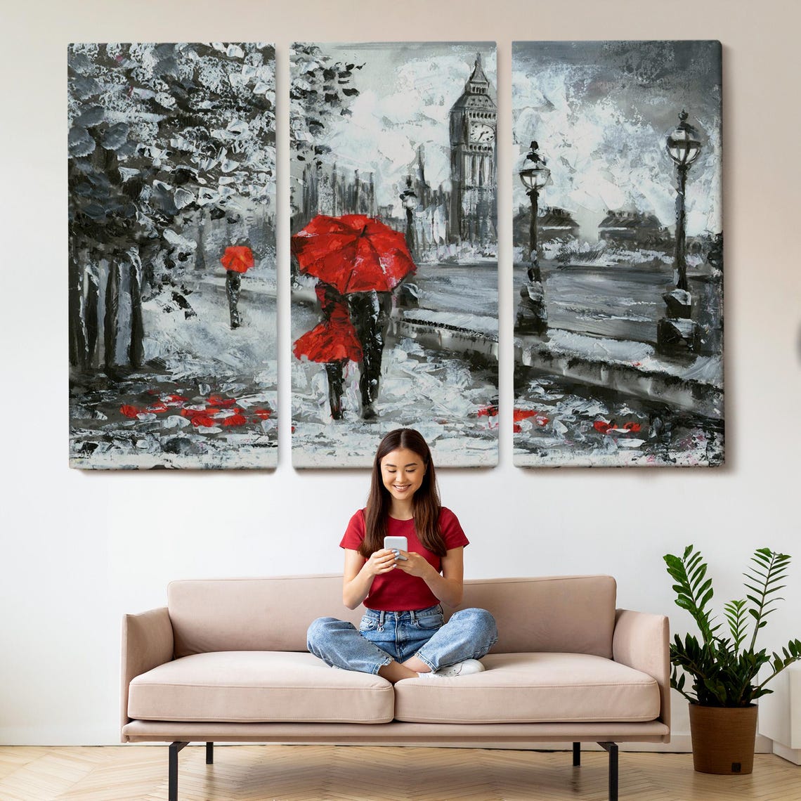 London Big Ben Red Umbrella Rainy Street Black White Red Art Poster - Image 2