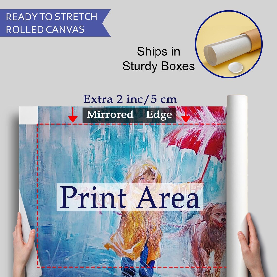 Boy Walking Dog In Rain Red Umbrella Raincoat Cute Art Poster - Image 4