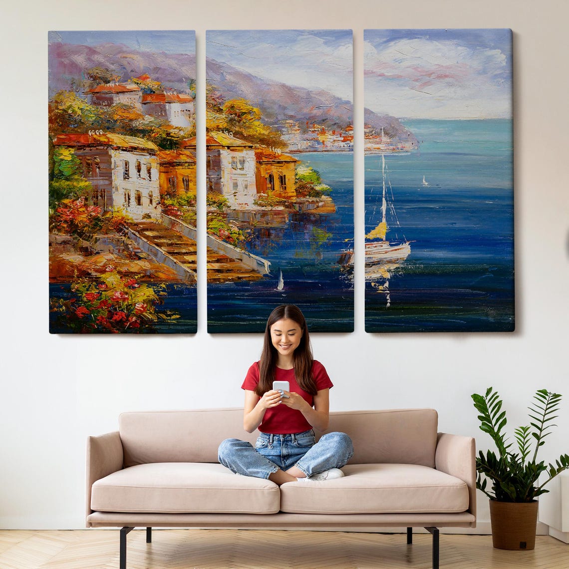 Mediterranean Harbor Hillside Village Sailboat Blue Sea View Poster - Image 2