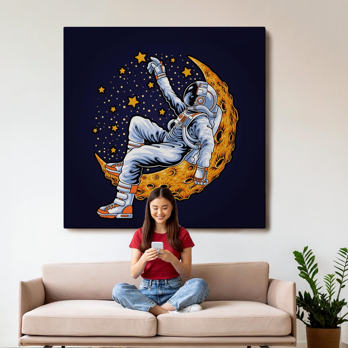 Astronaut Resting On The Moon Painting Illustration Modern Wall Decor Framed Wall Art Illustration Wall Art - Image 3