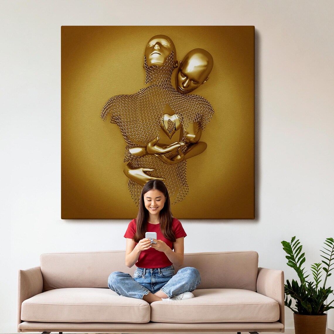 Golden Couple Embrace 3D Love Heart Surreal Romance Art Poster - Image 3