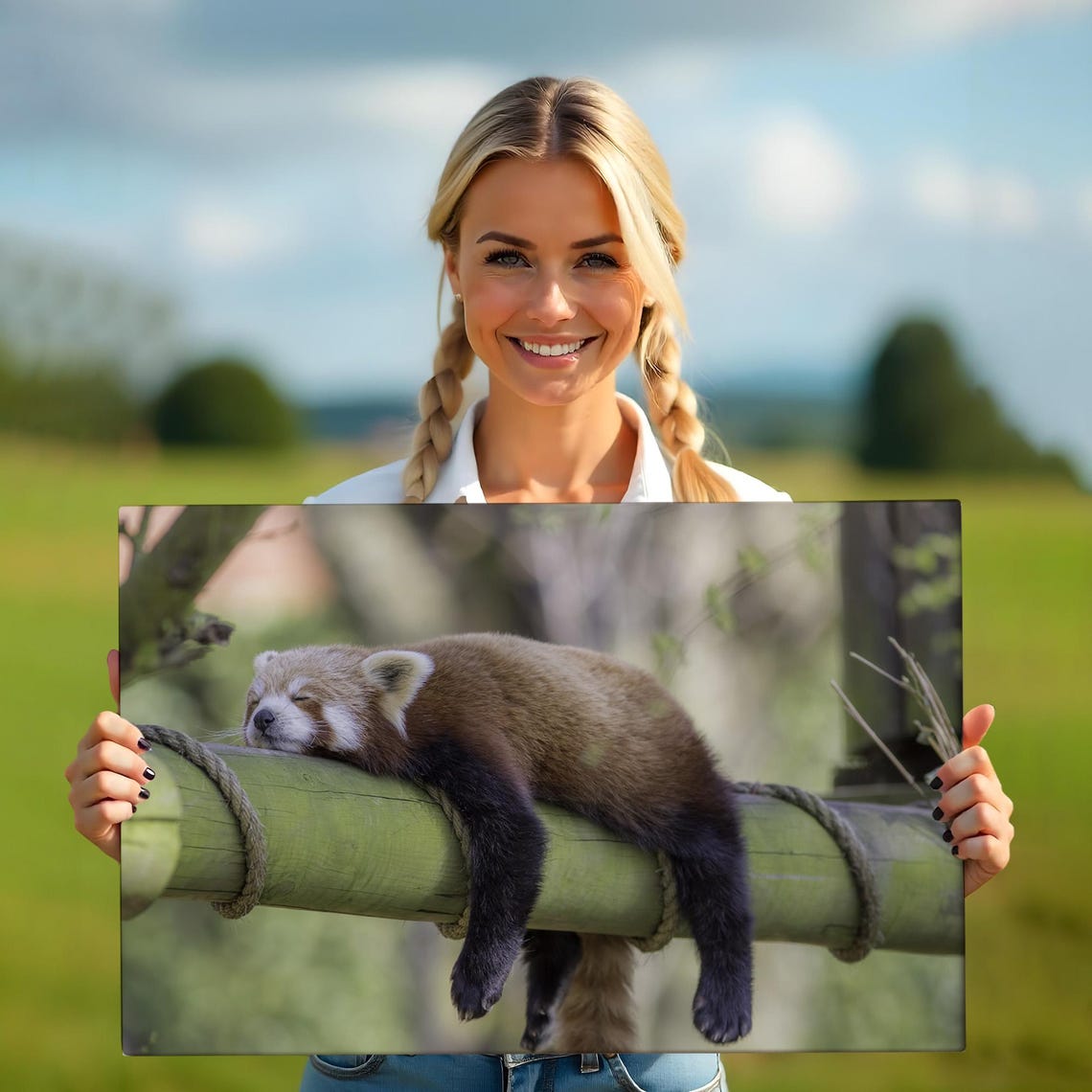Sleeping Red Panda Draped Over Bamboo Log Cute Animal Photo Poster - Image 5