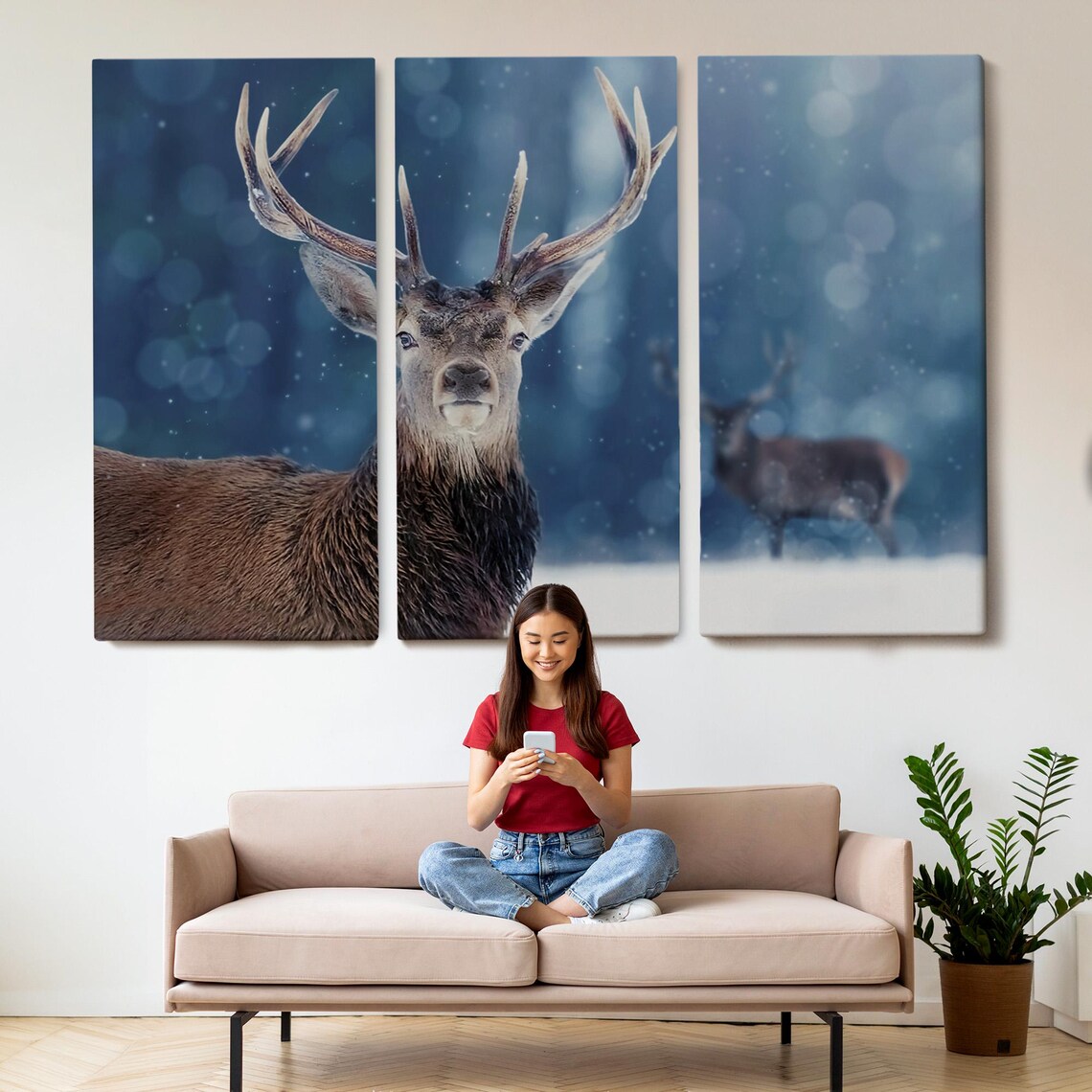Red Deer Stag Snowy Forest Falling Snow Majestic Wildlife Photo Wall Art - Image 2