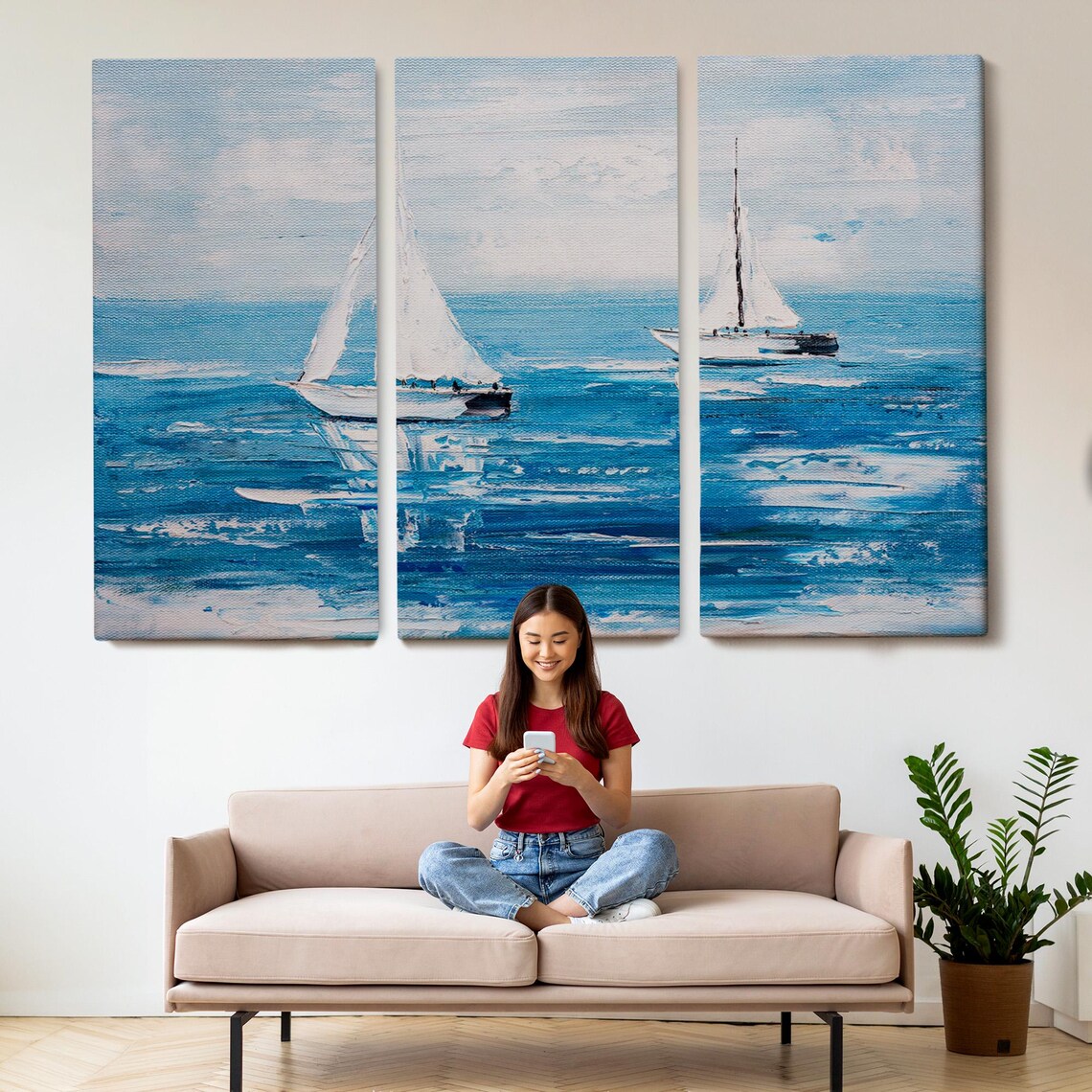 White Sailboats Blue Sea Summer Sailing Seascape Oil Painting Poster - Image 2