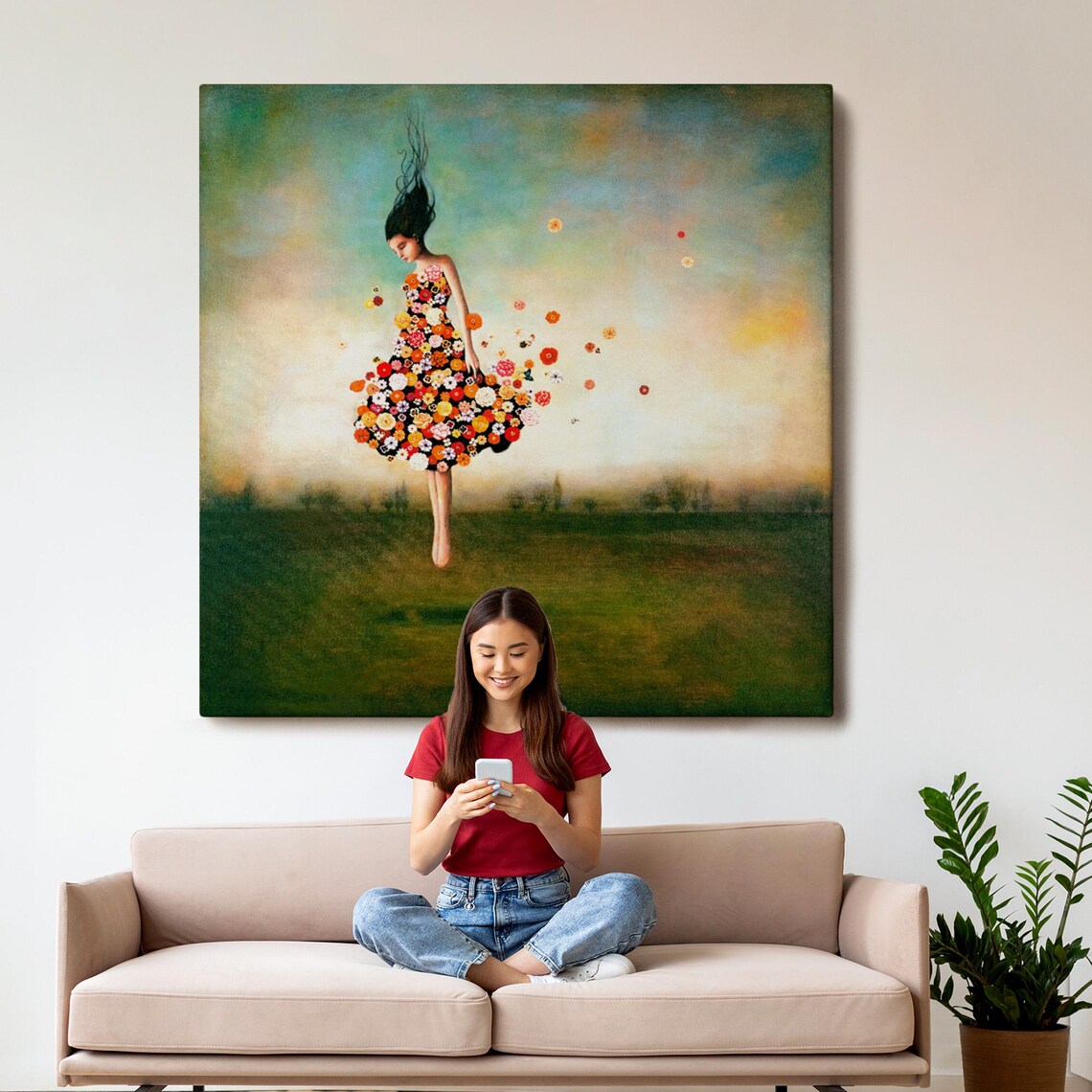 Girl In A Dress Of Flowers Whimsical Floral Portrait Meadow Wall Art - Image 3