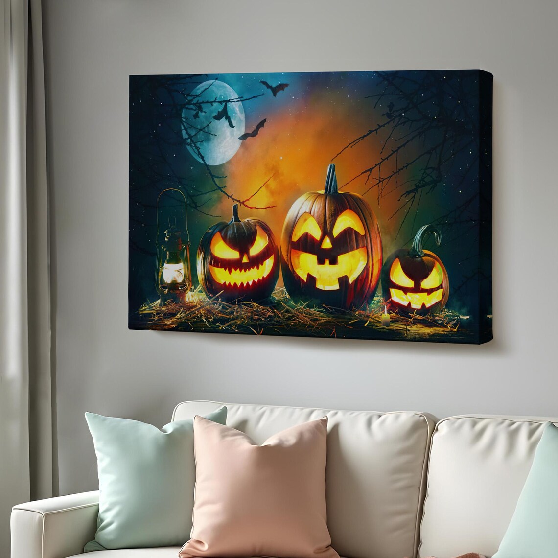 Halloween Moonlit Jack O Lantern Trio Gas Lantern Bats Spooky Night Poster
