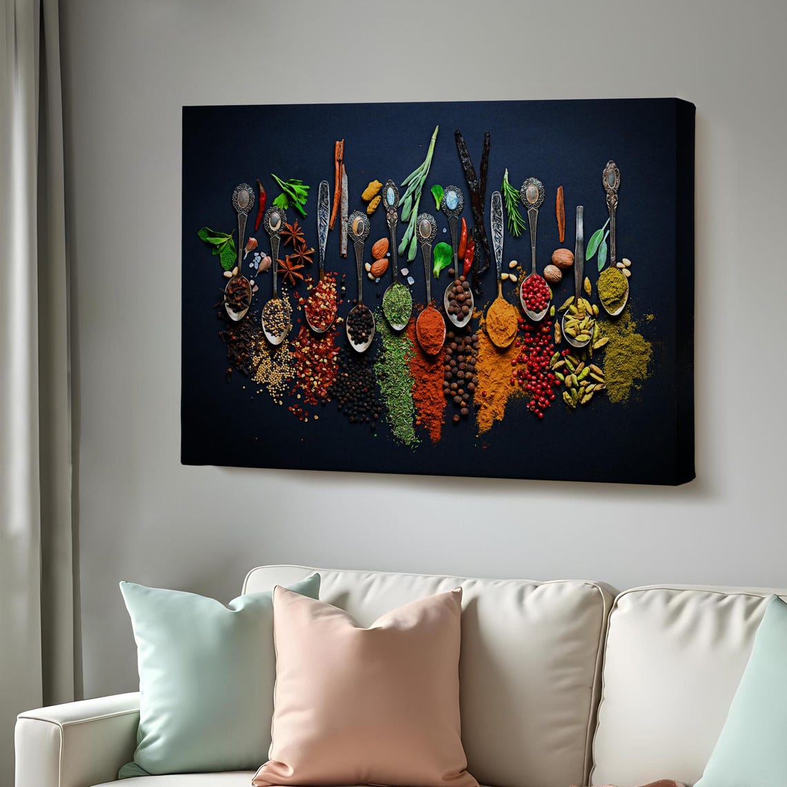 Spices On Vintage Spoons Dark Background Kitchen Still Life Wall Art