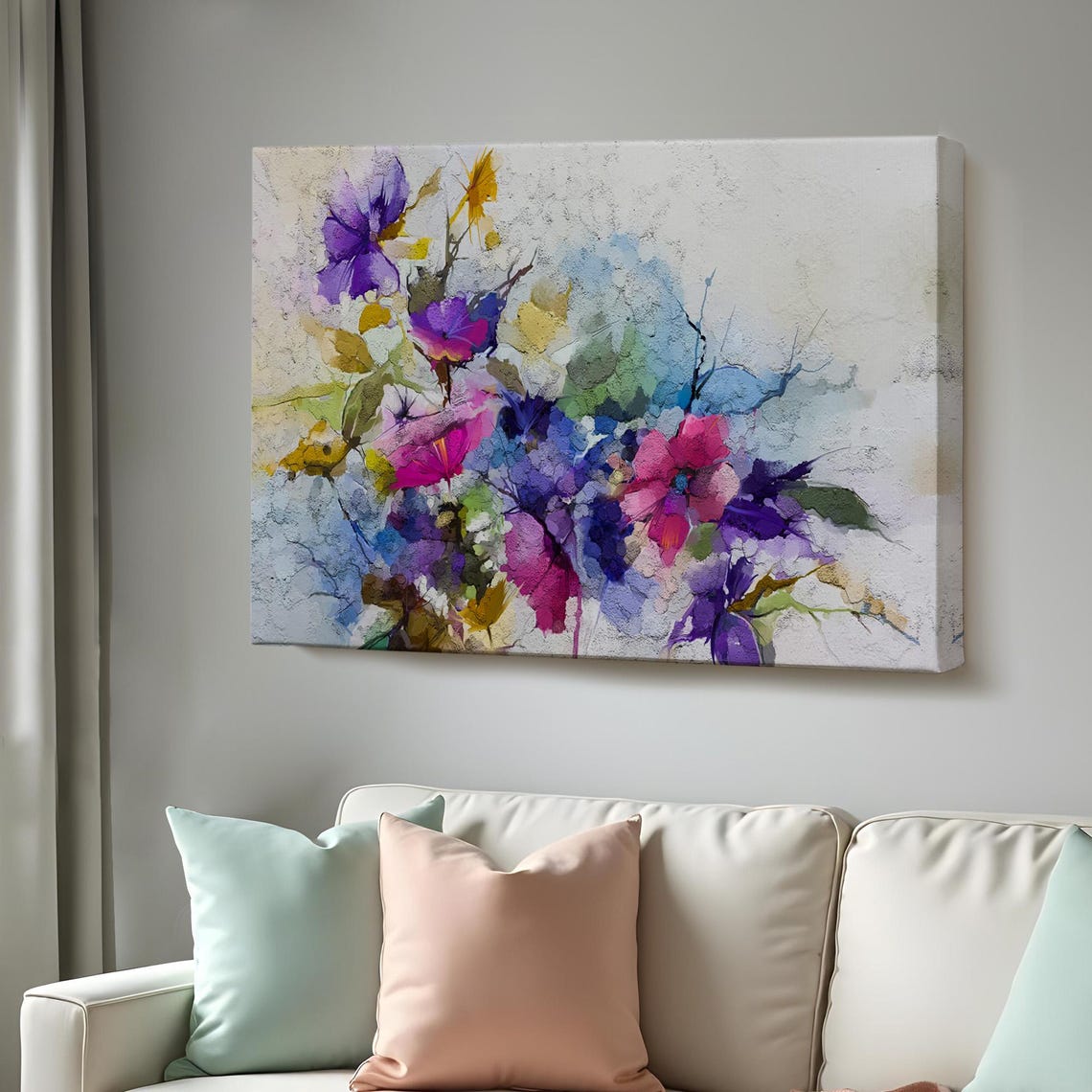 Modern Abstract Floral Watercolor Purple Blossoms White Art Poster