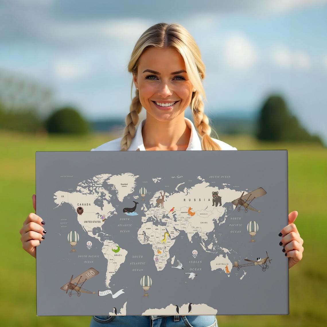 Kids World Map Animals Airplanes Nursery Educational Wall Art Poster - Image 5