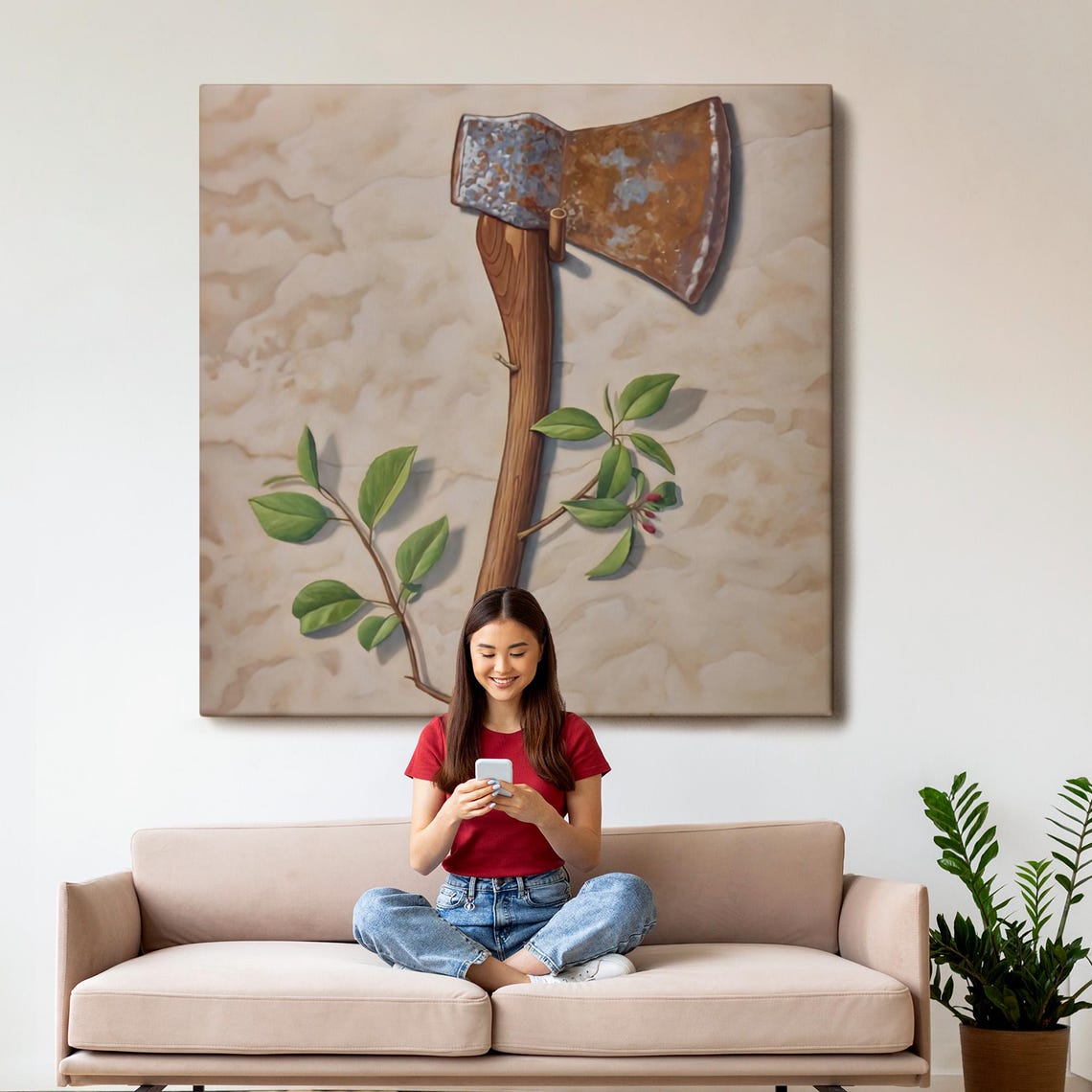 Rustic Axe with Sprouting Green Branch Renewal Surreal Art Poster - Image 3