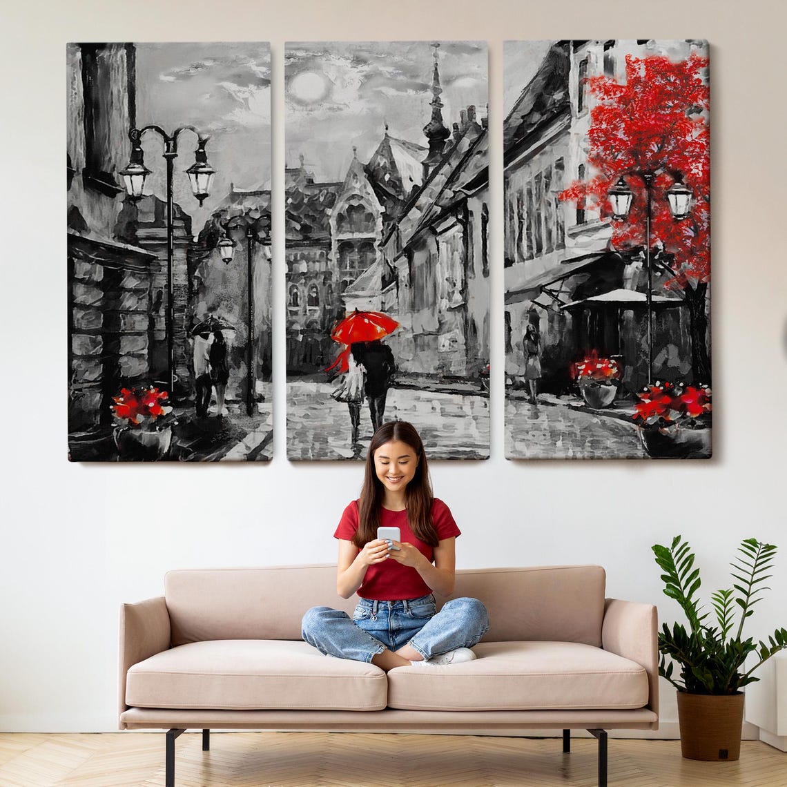 Budapest Old Street Red Umbrella Couple Black White City Poster - Image 2