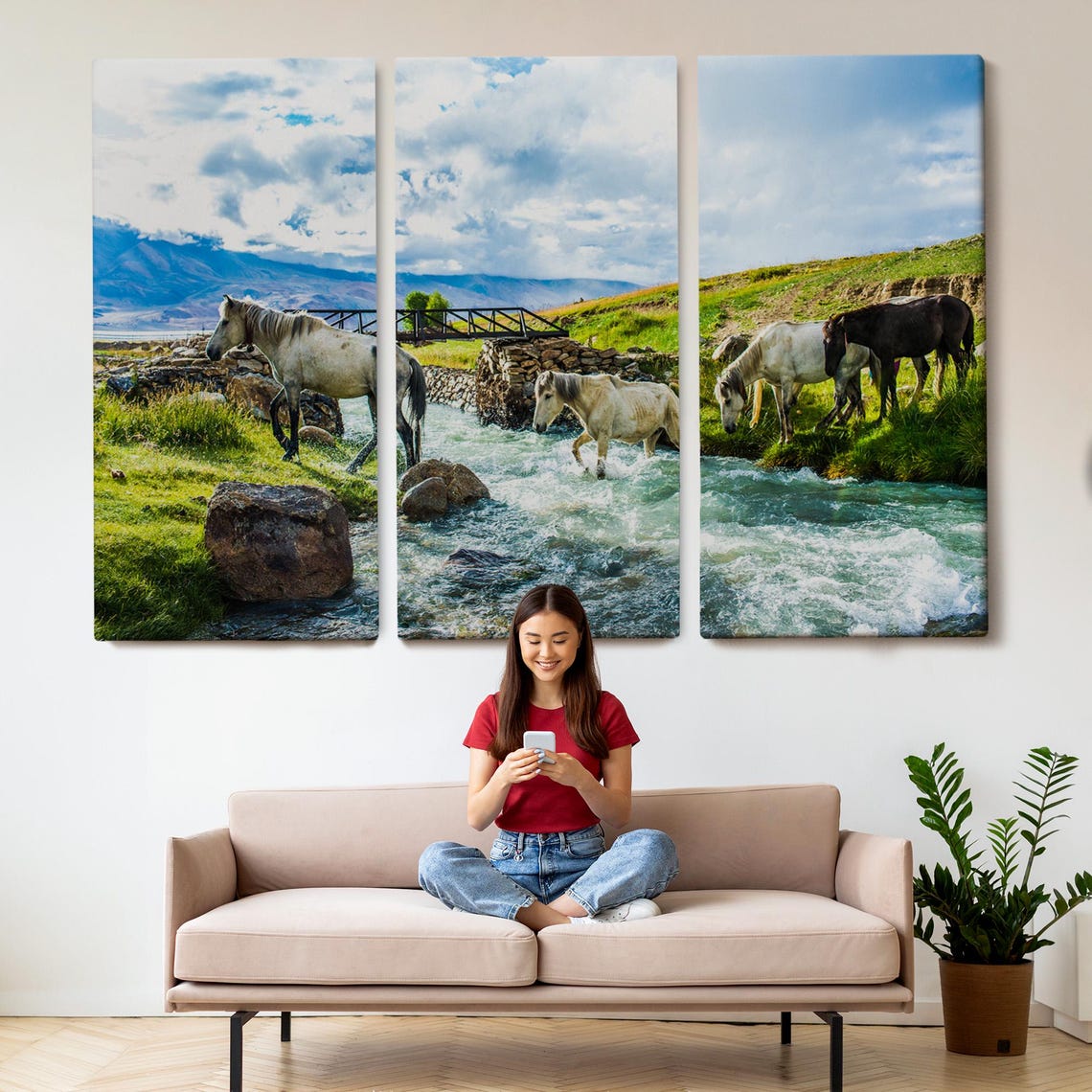 Wild Horses Crossing Mountain River Rushing Stream Nature Wall Art - Image 2