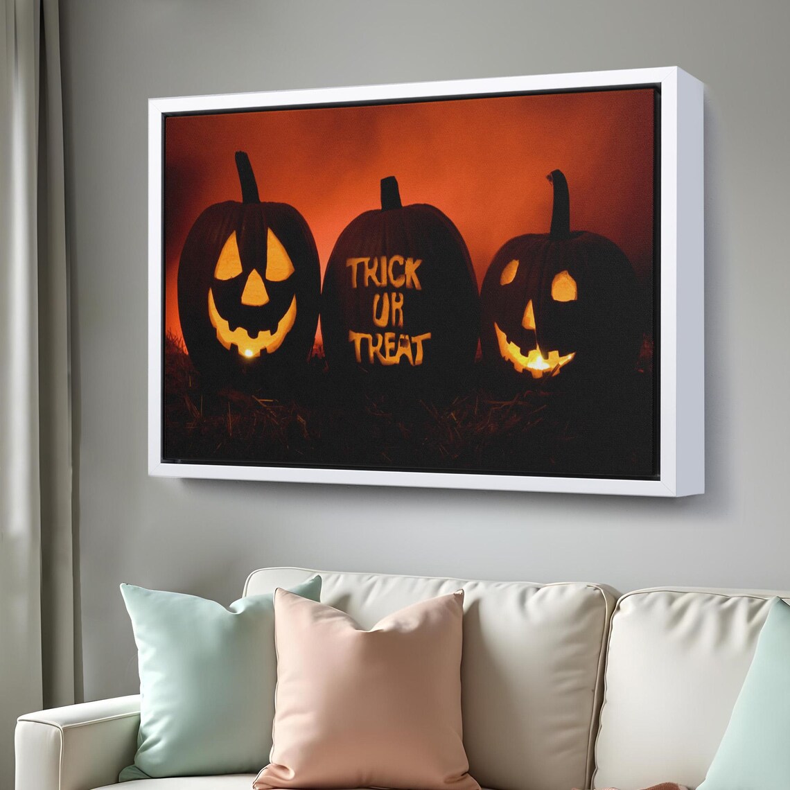 Halloween Trick Or Treat Carved Pumpkins Glowing Night Orange Sky Wall Poster - Image 3