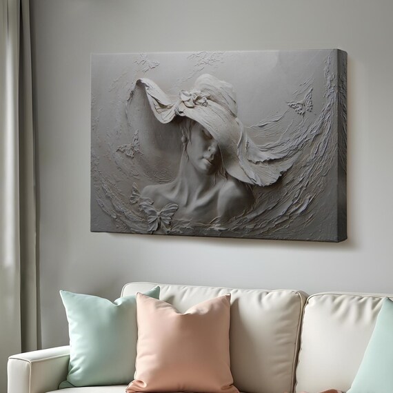 3D Embossed Woman in Wide Brim Hat Silver Relief Wall Art Poster