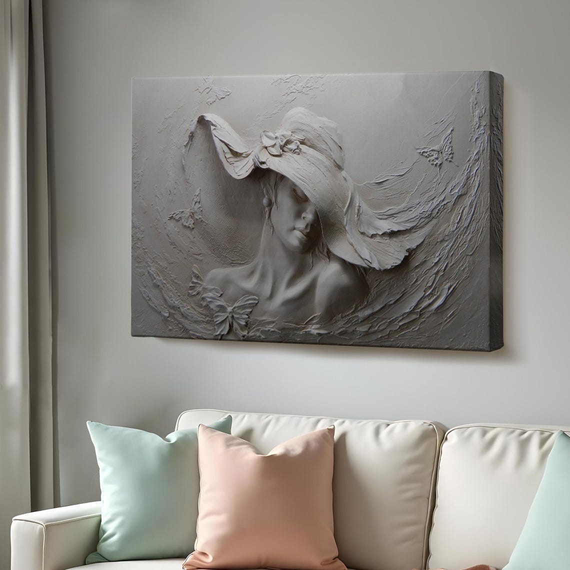 3D Embossed Woman in Wide Brim Hat Silver Relief Wall Art Poster