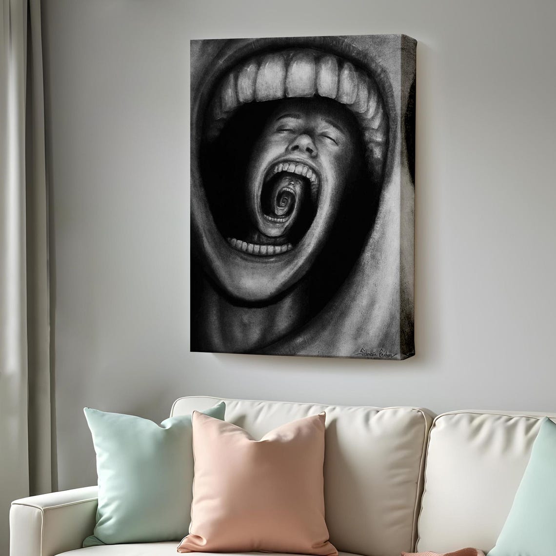 Surreal Screaming Mouth Infinite Spiral Charcoal Dark Art Poster