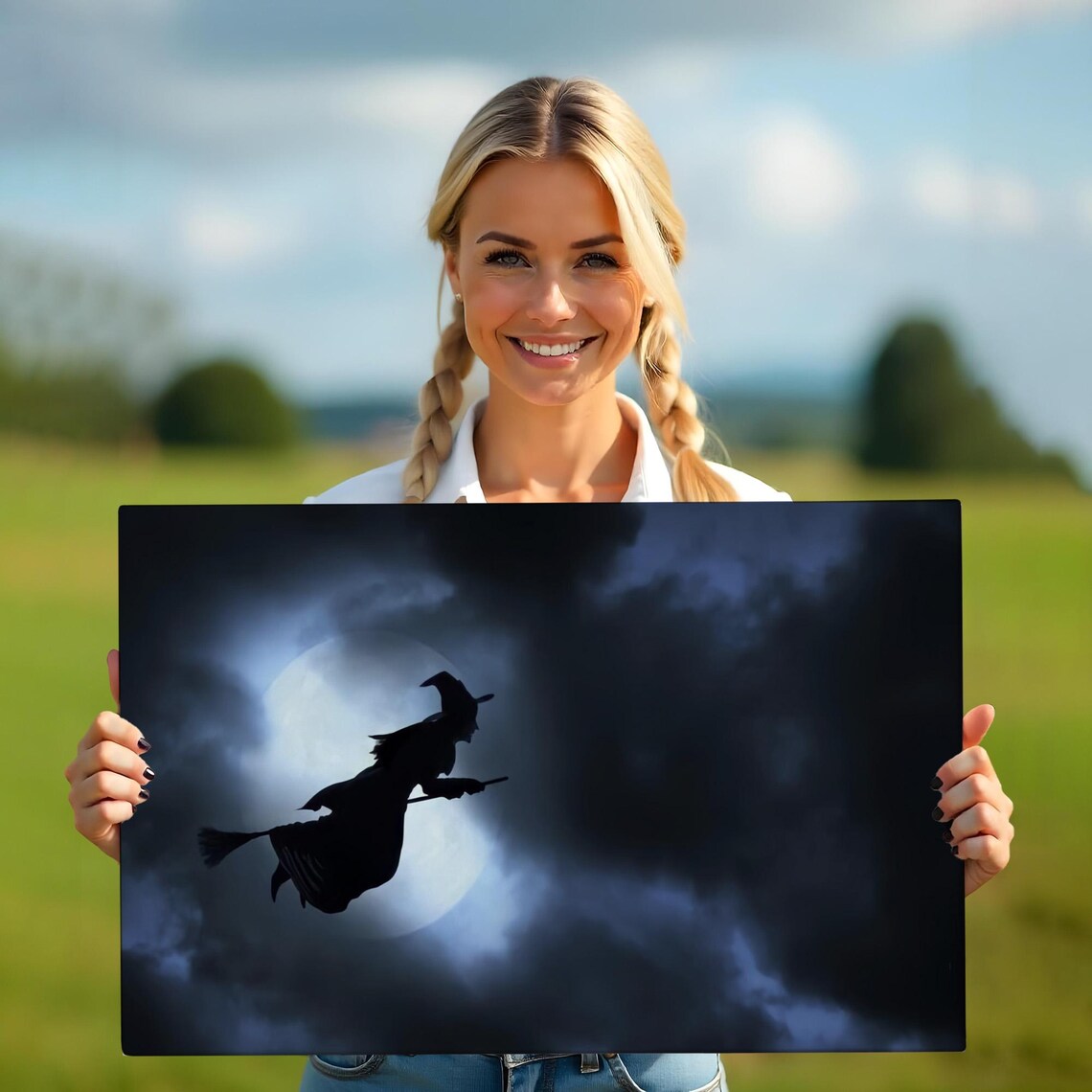 Halloween Witch Silhouette Flying Broom Full Moon Cloudy Night Sky Wall Poster - Image 5