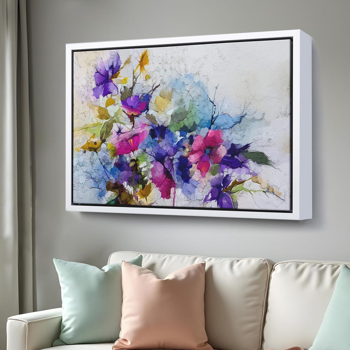 Modern Abstract Floral Watercolor Purple Blossoms White Art Poster - Image 3