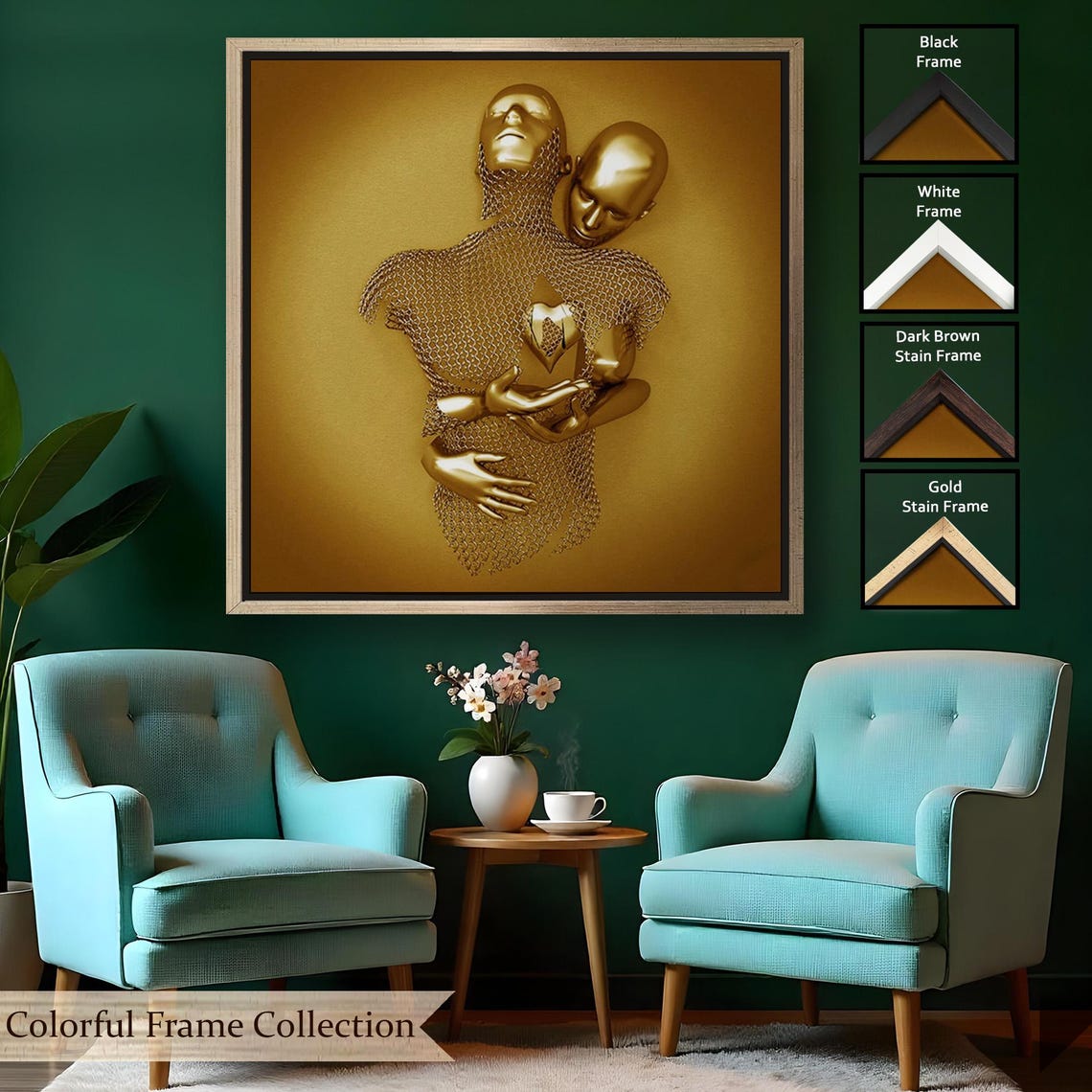 Golden Couple Embrace 3D Love Heart Surreal Romance Art Poster - Image 2