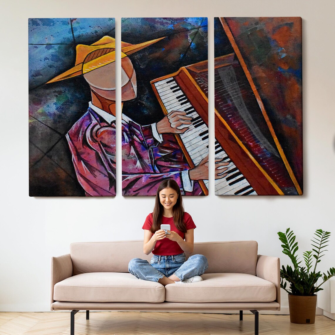 Abstract Jazz Pianist in Wide Brim Hat Playing Piano Colorful Art Poster - Image 2