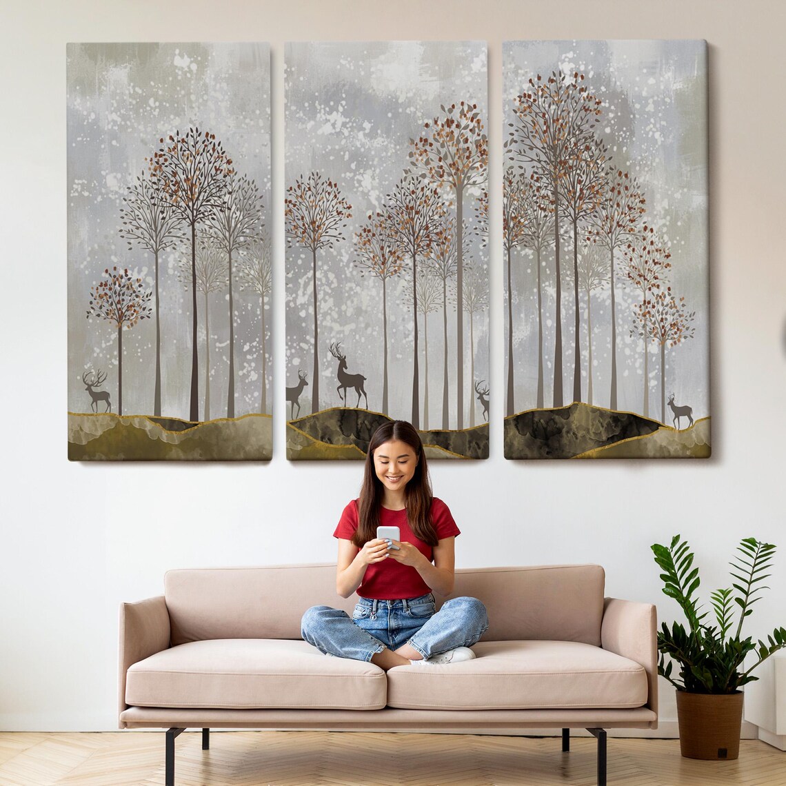 Deer Silhouettes Slender Trees Neutral Tones Modern Wildlife Wall Art Print - Image 2