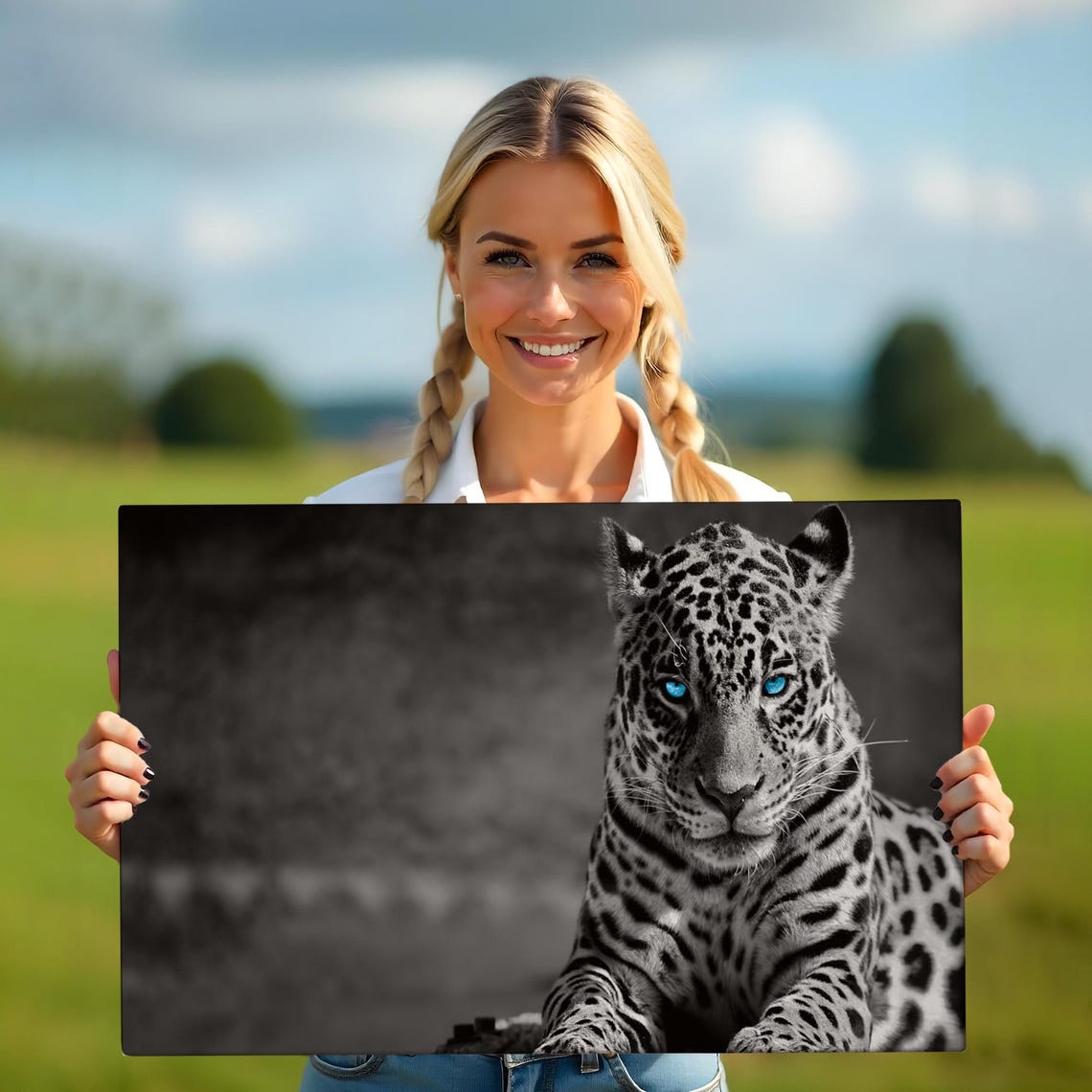 Jaguar With Striking Blue Eyes Black And White Wildlife Photo Poster - Image 5