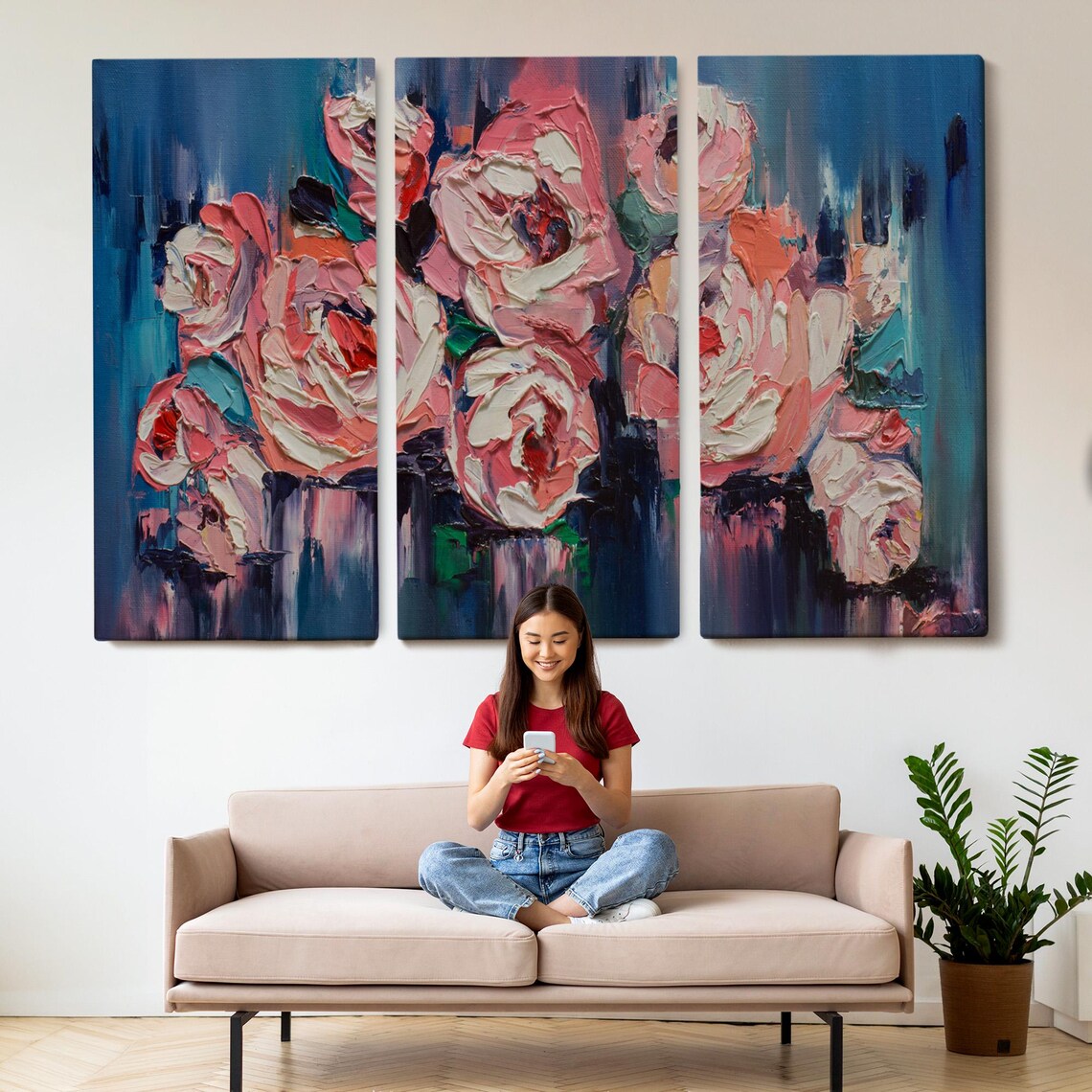 Pink Peony Bouquet Impasto Oil Painting Blue Background Wall Art - Image 2