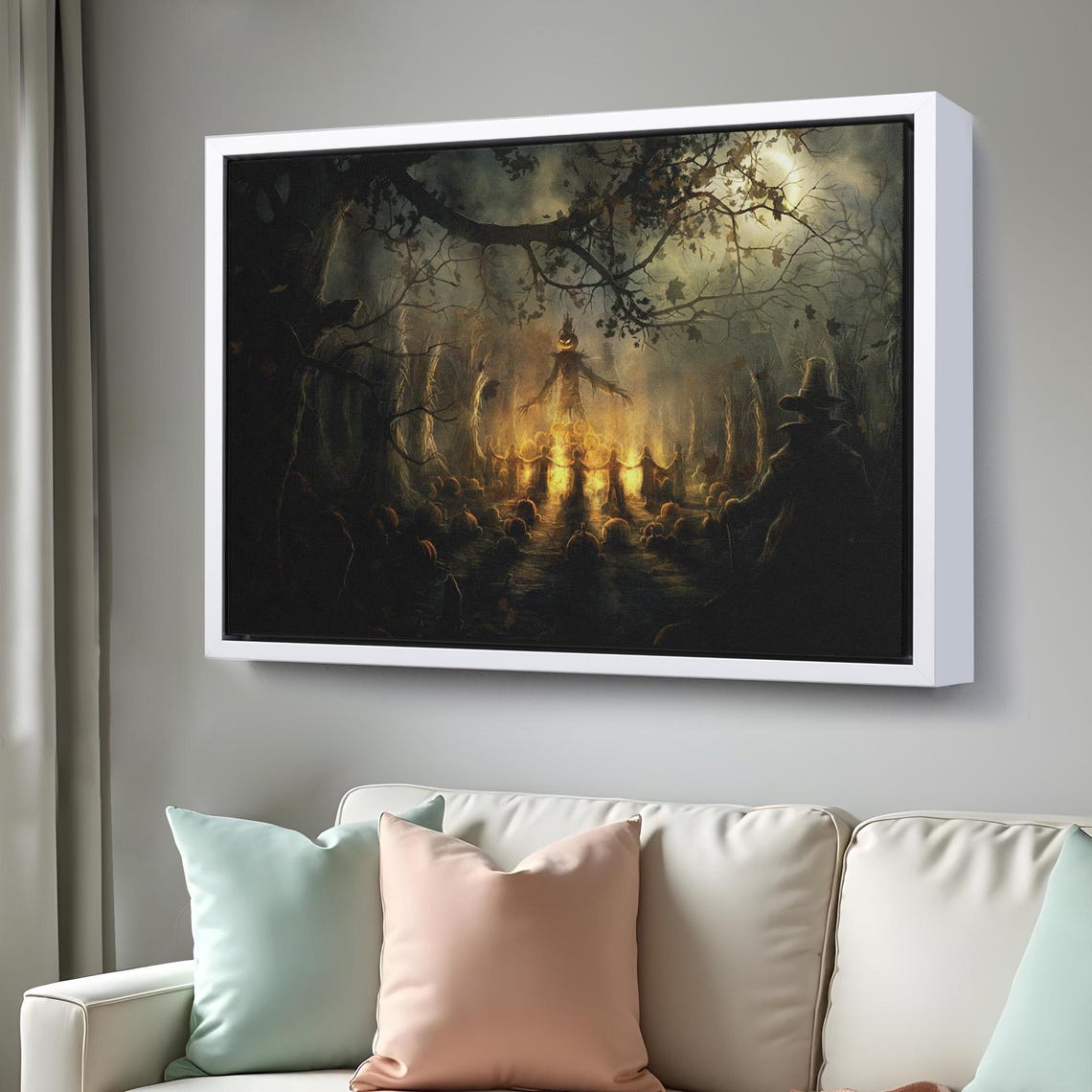 Haunted Scarecrow Halloween Night Dark Forest Pumpkins Art Poster - Image 3