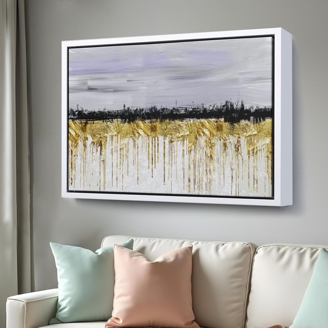 Abstract City Skyline Black Silhouette Gold Drips Modern Art Poster - Image 3