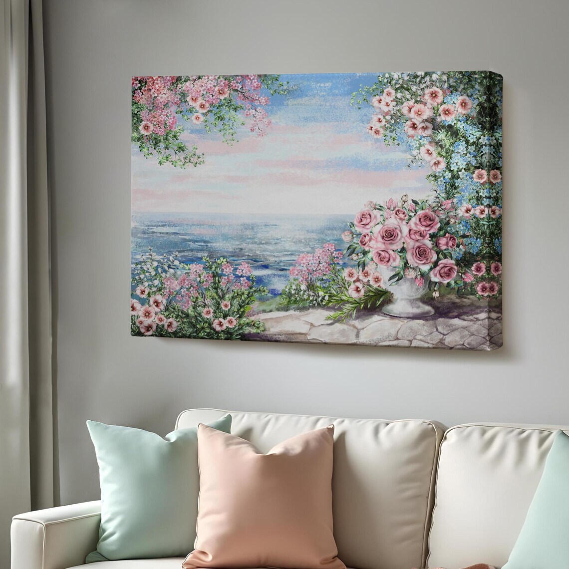Pink Roses Blossom Sea View Terrace Watercolor Painting Poster