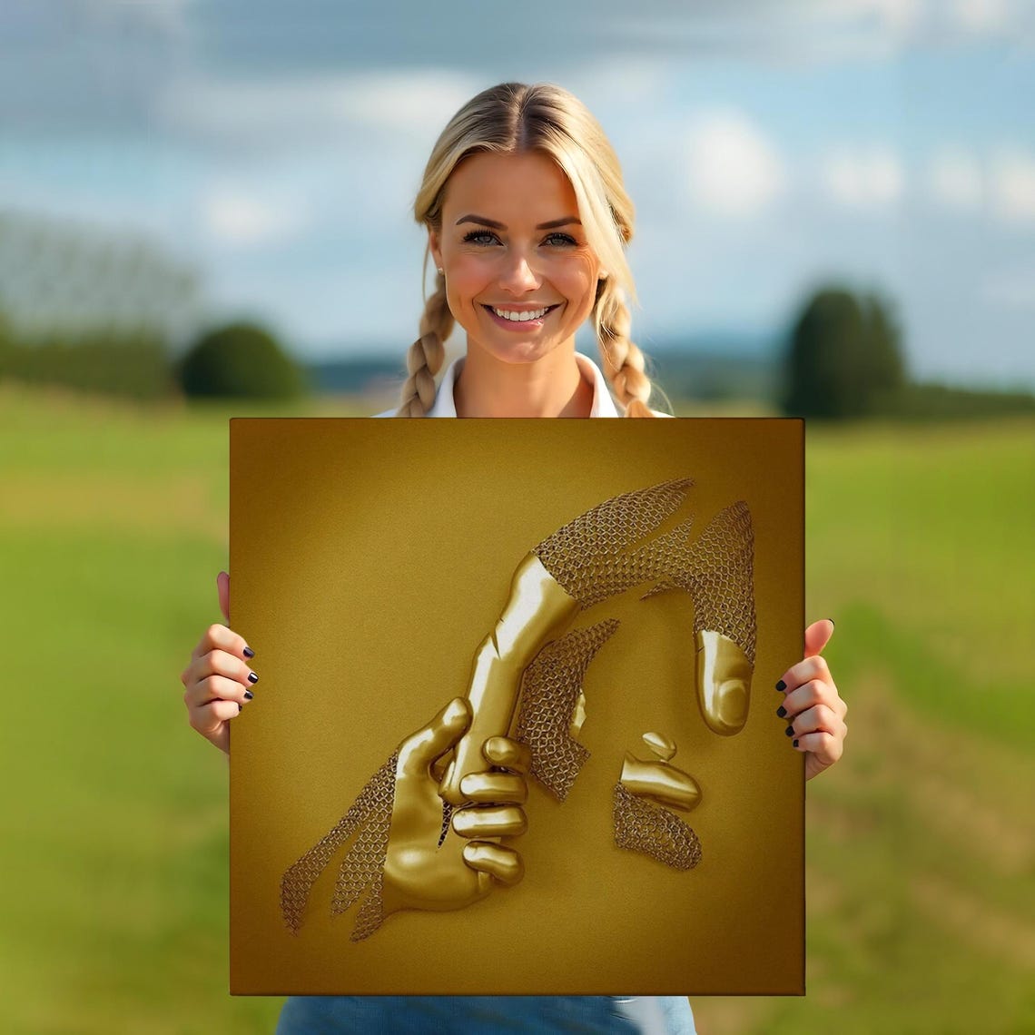 Golden Clasped Hands 3D Effect Love Connection Metallic Art Poster - Image 5