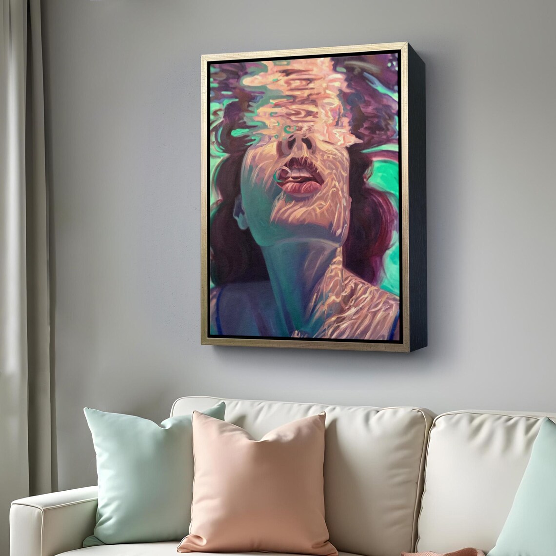 Underwater Woman Swimming Up To Rippling Light Teal Painterly Ocean Poster - Image 4