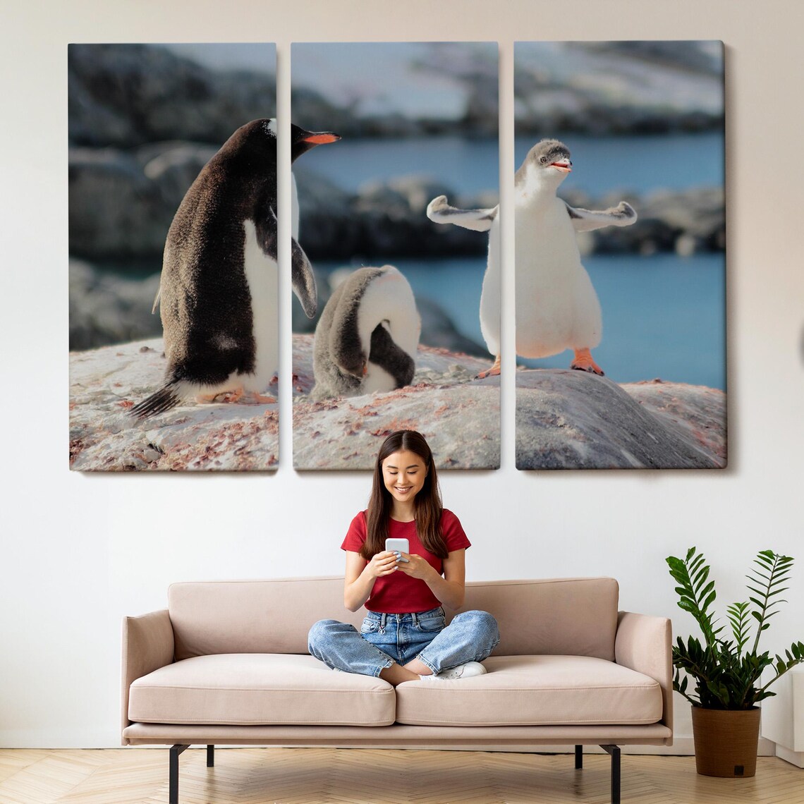 Happy Penguin Family Rocky Shore Cute Baby Penguin Photography Poster - Image 2