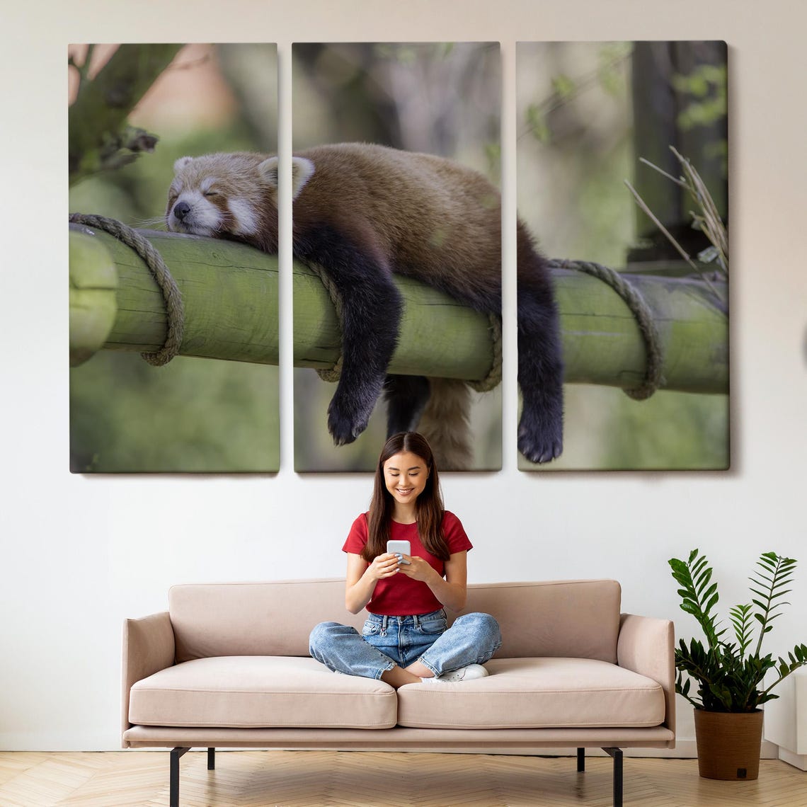 Sleeping Red Panda Draped Over Bamboo Log Cute Animal Photo Poster - Image 2