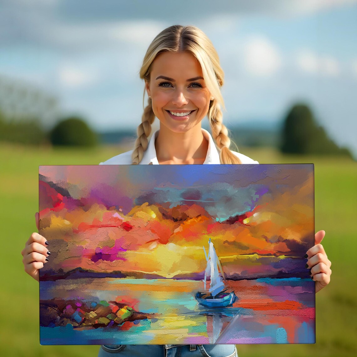 Vibrant Sunset Sailboat Seascape Oil Painting Colorful Ocean Poster - Image 5