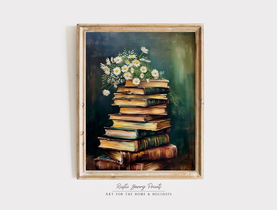 Vintage Stack Of Books Oil Painting Wall Art Moody Vintage Print Flowers Spring Decor Academia Instant